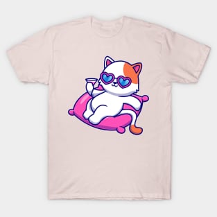 Cute Cat Chill On Pillow With Juice Cartoon T-Shirt